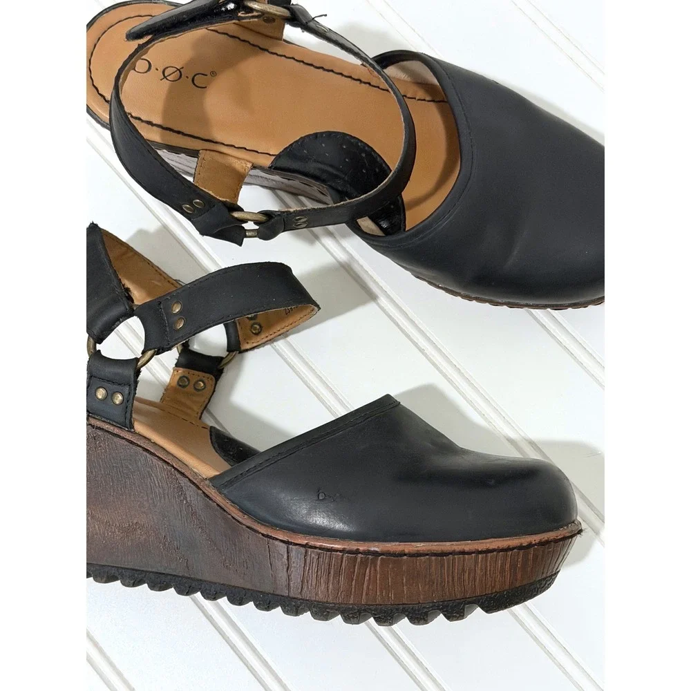 b.o.c. Born Concept Black Leather Rina Wedge Sandals Clog Platform Womens 9M
